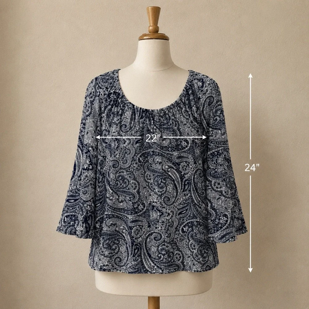 Michael Kors Navy White Paisley Tunic Blouse Top 3/4 Bell Sleeve Peasant M